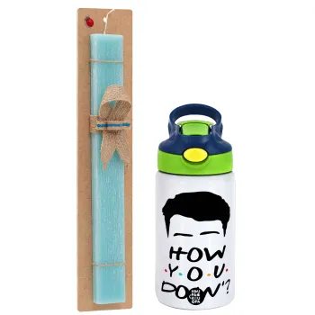 Friends how you doin?, Easter Set, Children's thermal stainless steel bottle with safety straw, green/blue (350ml) & aromatic flat Easter candle (30cm) (TURQUOISE)