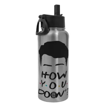 Friends how you doin?, Metal mug thermo Silver with Straw and Spout Lid (Stainless steel), double wall, 950ml