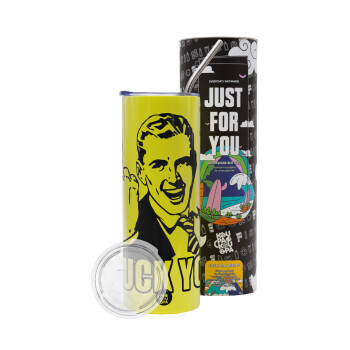 The finger, Neon Yellow Travel Tumbler θερμό, μεταλλικό καλαμάκι(Ανωξείδωτο 304 Food grade, BPA free, 600ml)