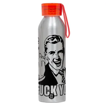 The finger, Αλουμινένιο Αθλητικό Μπουκάλι 650ml – Ασημί με Κόκκινο Καπάκι και Λουράκι Σιλικόνης