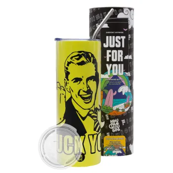 The finger, Neon Yellow Travel Tumbler θερμό, μεταλλικό καλαμάκι(Ανωξείδωτο 304 Food grade, BPA free, 600ml)