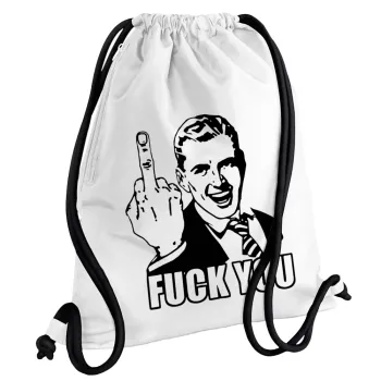 The finger, Τσάντα πλάτης πουγκί GYMBAG λευκή, με τσέπη (40x48cm) & χονδρά κορδόνια