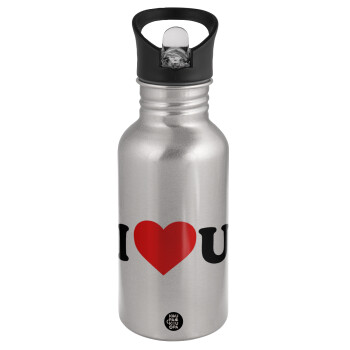 I ❤️ U, Water bottle Silver with straw, stainless steel 500ml