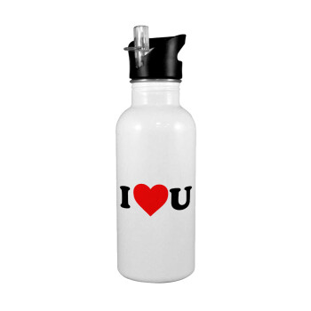 I ❤️ U, White water bottle with straw, stainless steel 600ml