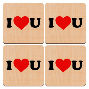 I ❤️ U, ΣΕΤ x4 Σουβέρ ξύλινα τετράγωνα plywood (9cm)