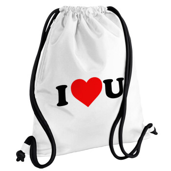 I ❤️ U, Τσάντα πλάτης πουγκί GYMBAG λευκή, με τσέπη (40x48cm) & χονδρά κορδόνια