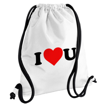 I ❤️ U, Backpack pouch GYMBAG white, with pocket (40x48cm) & thick cords