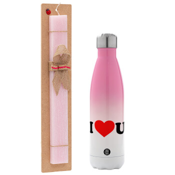 I ❤️ U, Easter Set, Metallic pink/white (Stainless steel) thermos, double-walled, 500ml & aromatic flat Easter candle (30cm) (PINK)