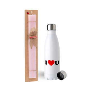 I ❤️ U, Easter Set, metallic stainless steel water bottle (750ml) & scented flat Easter candle (30cm) (PINK)
