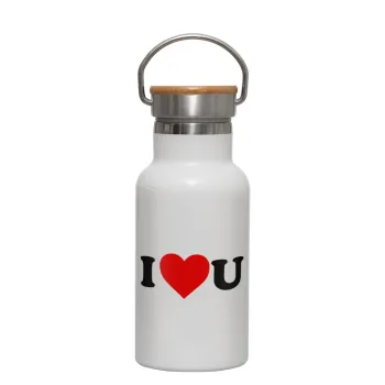 I ❤️ U, Metallic thermos (Stainless steel) White with wooden lid (bamboo), double-walled, 350ml