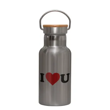I ❤️ U, Μεταλλικό παγούρι θερμός (Stainless steel) Ασημένιο με ξύλινο καπακι (bamboo), διπλού τοιχώματος, 350ml