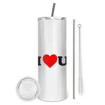 I ❤️ U, Tumbler ποτήρι θερμό από ανοξείδωτο ατσάλι 600ml, με μεταλλικό καλαμάκι & βούρτσα καθαρισμού