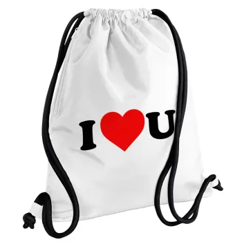 I ❤️ U, Backpack pouch GYMBAG white, with pocket (40x48cm) & thick cords