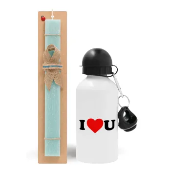 I ❤️ U, Easter Set, metallic aluminum water bottle (500ml) & scented flat candle (30cm) (TURQUOISE)