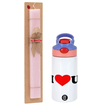 I ❤️ U, Easter Set, Children's thermal stainless steel water bottle with safety straw, pink/purple (350ml) & Easter scented flat candle (30cm) (PINK)