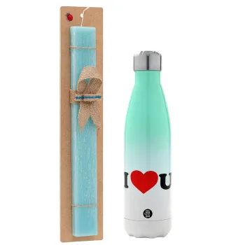 I ❤️ U, Easter Set, Metallic green/white thermos (Stainless steel), double-walled, 500ml & scented flat Easter candle (30cm) (TURQUOISE)