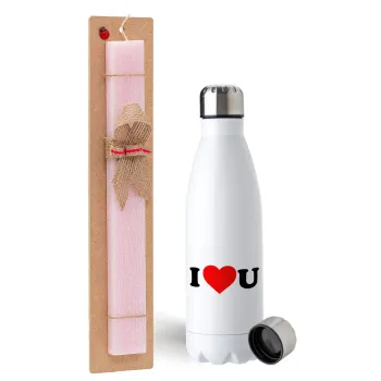 I ❤️ U, Easter Set, metallic stainless steel water bottle (750ml) & scented flat Easter candle (30cm) (PINK)
