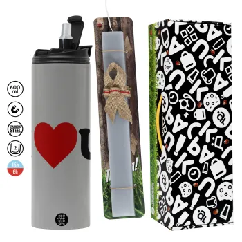 I ❤️ U, Πασχαλινή Λαμπάδα με Travel Tumbler θερμό (600ml, BPA free) & κερί αρωματικό πλακέ (30cm) (ΓΚΡΙ)