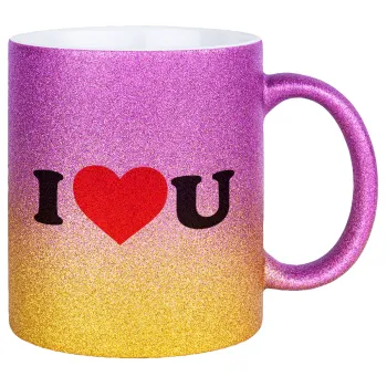 I ❤️ U, Κούπα Χρυσή/Ροζ Glitter, κεραμική, 330ml