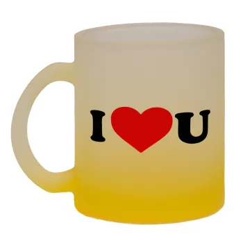 I ❤️ U, Κούπα γυάλινη δίχρωμη με βάση το κίτρινο ματ, 330ml