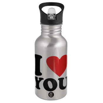 I LOVE YOU, Water bottle Silver with straw, stainless steel 500ml