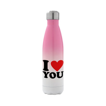 I LOVE YOU, Metal mug thermos Pink/White (Stainless steel), double wall, 500ml