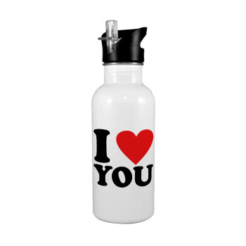 I LOVE YOU, White water bottle with straw, stainless steel 600ml