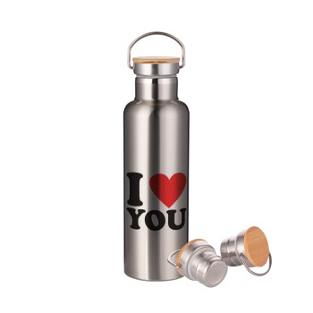 I LOVE YOU, Stainless steel Silver with wooden lid (bamboo), double wall, 750ml