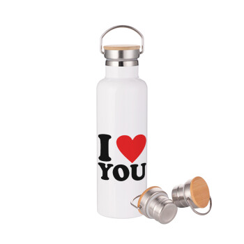 I LOVE YOU, Stainless steel White with wooden lid (bamboo), double wall, 750ml
