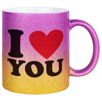 I LOVE YOU, Κούπα Χρυσή/Ροζ Glitter, κεραμική, 330ml
