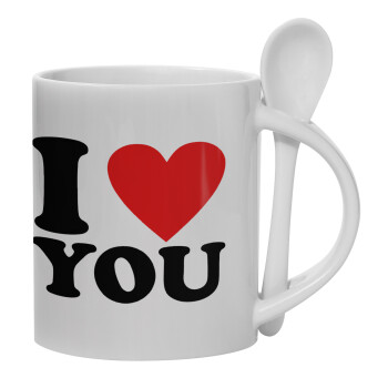 I LOVE YOU, Ceramic coffee mug with Spoon, 330ml (1pcs)