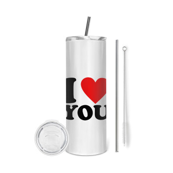 I LOVE YOU, Eco friendly stainless steel tumbler 600ml, with metal straw & cleaning brush