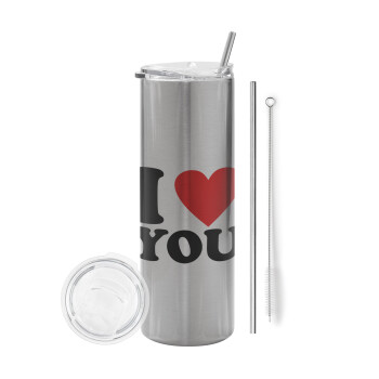 I LOVE YOU, Eco friendly stainless steel Silver tumbler 600ml, with metal straw & cleaning brush