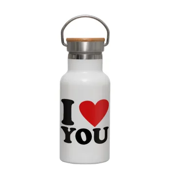 I LOVE YOU, Metallic thermos (Stainless steel) White with wooden lid (bamboo), double-walled, 350ml