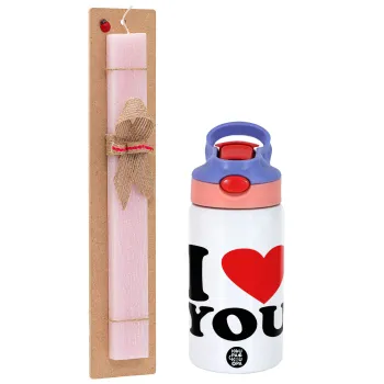 I LOVE YOU, Easter Set, Children's thermal stainless steel water bottle with safety straw, pink/purple (350ml) & Easter scented flat candle (30cm) (PINK)