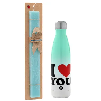 I LOVE YOU, Easter Set, Metallic green/white thermos (Stainless steel), double-walled, 500ml & scented flat Easter candle (30cm) (TURQUOISE)
