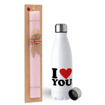 I LOVE YOU, Easter Set, metallic stainless steel water bottle (750ml) & scented flat Easter candle (30cm) (PINK)