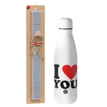 I LOVE YOU, Πασχαλινή Λαμπάδα με μεταλλικό παγούρι θερμός ανοξείδωτο (500ml) & κερί αρωματικό πλακέ (30cm) (ΓΚΡΙ)
