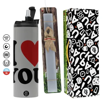 I LOVE YOU, Πασχαλινή Λαμπάδα με Travel Tumbler θερμό (600ml, BPA free) & κερί αρωματικό πλακέ (30cm) (ΓΚΡΙ)