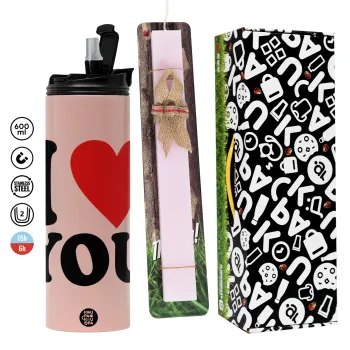 I LOVE YOU, Πασχαλινή Λαμπάδα με  ΡΟΖ Travel Tumbler θερμό (600ml, BPA free) & κερί αρωματικό πλακέ (30cm) (ΡΟΖ)