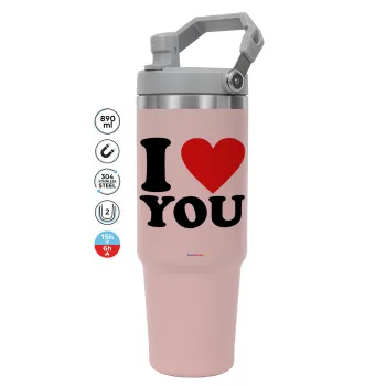 I LOVE YOU, Pink color, 890ml (30oz) stainless Steel Tumbler with Handle