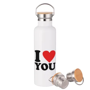 I LOVE YOU, Stainless steel White with wooden lid (bamboo), double wall, 750ml