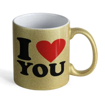I LOVE YOU, Κούπα Χρυσή Glitter που γυαλίζει, κεραμική, 330ml