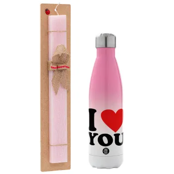 I LOVE YOU, Πασχαλινή Λαμπάδα με Μεταλλικό παγούρι θερμός Ροζ/Λευκό (Stainless steel), διπλού τοιχώματος, 500ml & κερί αρωματικό πλακέ (30cm) (ΡΟΖ)