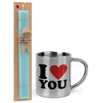 I LOVE YOU, Easter Set, metallic thermal cup (300ml) & aromatic flat Easter candle (30cm) (TURQUOISE)