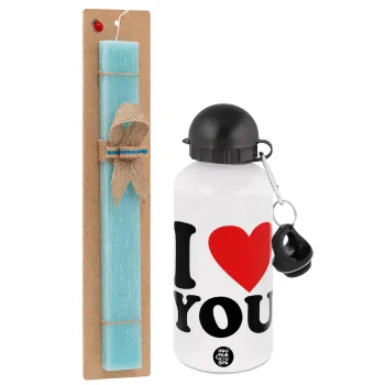 I LOVE YOU, Easter Set, metallic aluminum water bottle (500ml) & scented flat candle (30cm) (TURQUOISE)