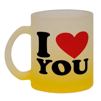 I LOVE YOU, Κούπα γυάλινη δίχρωμη με βάση το κίτρινο ματ, 330ml