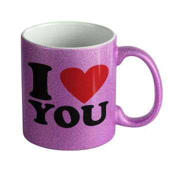 I LOVE YOU, Κούπα Μωβ Glitter που γυαλίζει, κεραμική, 330ml