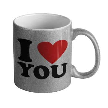 I LOVE YOU, Κούπα Ασημένια Glitter που γυαλίζει, κεραμική, 330ml