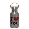 Stainless steel metallic thermos flask, silver with a bamboo lid, double-walled, 350ml.